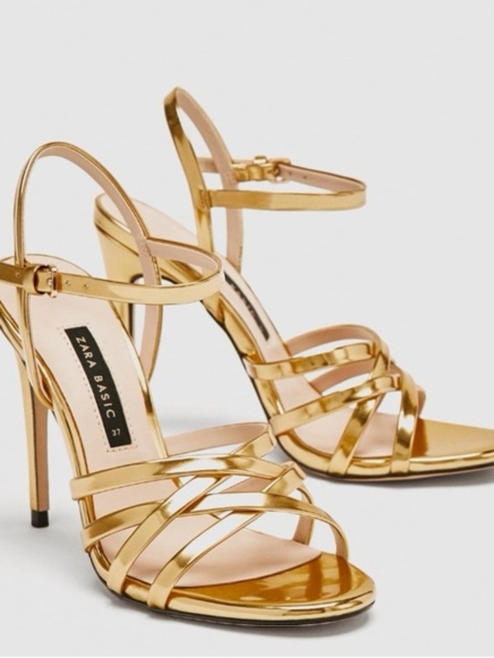 NWT Zara Metallic Gold Strappy High Heel Sandals 37/6.5